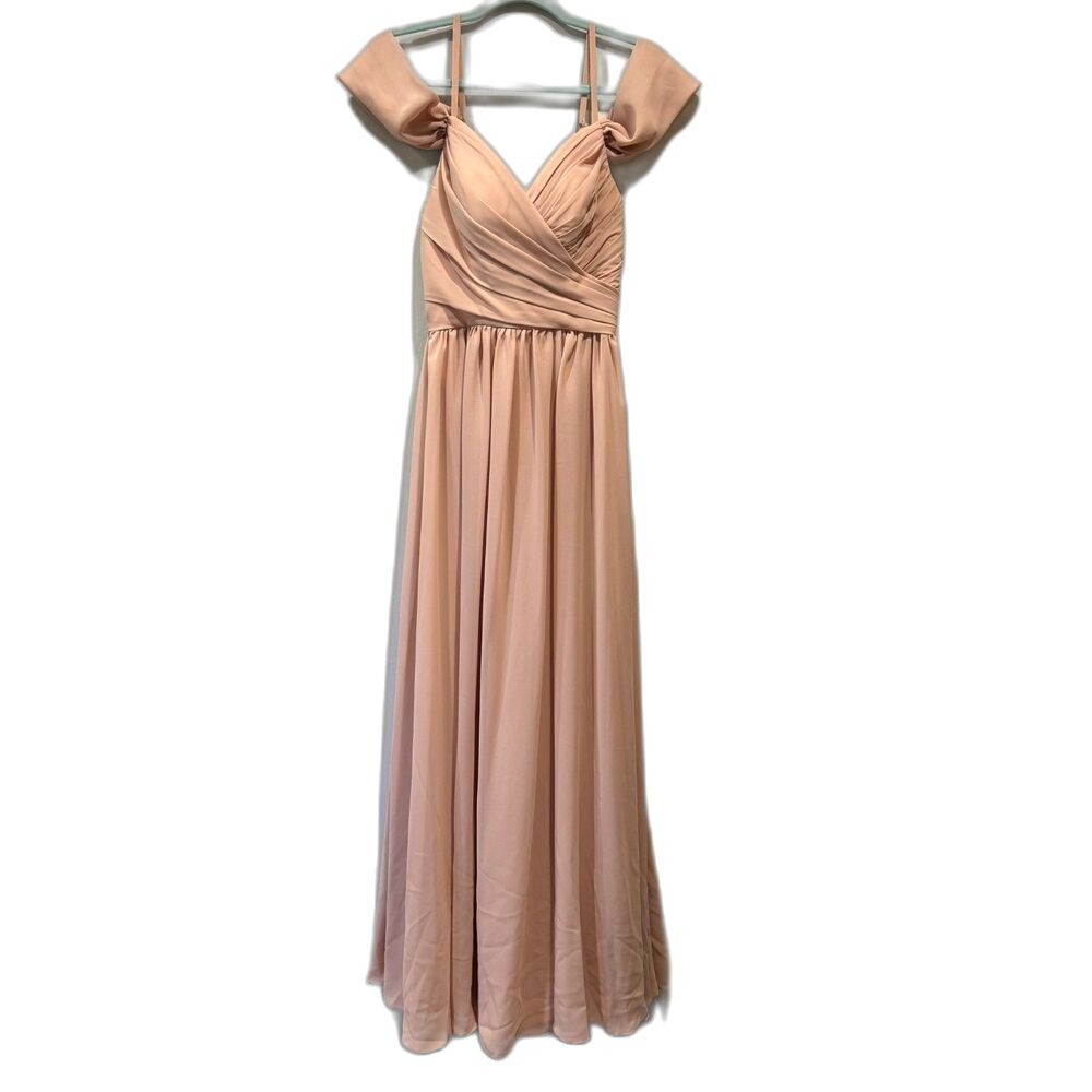 Bridesmaid Dress Blush Pink Off Shoulder Chiffon Maxi Flowy Formal Women sz 2